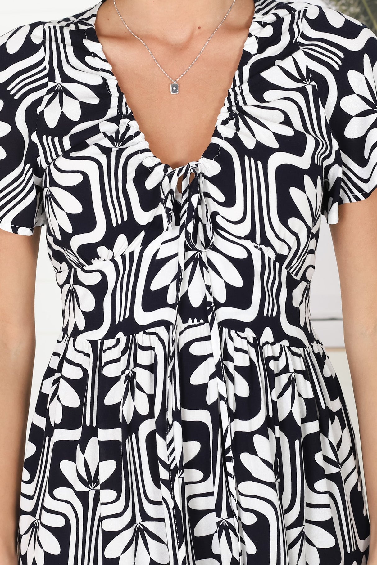 Lilly Mini Dress - Adjustable V Neckline Dress with Cap Sleeves in Luvira Print Navy