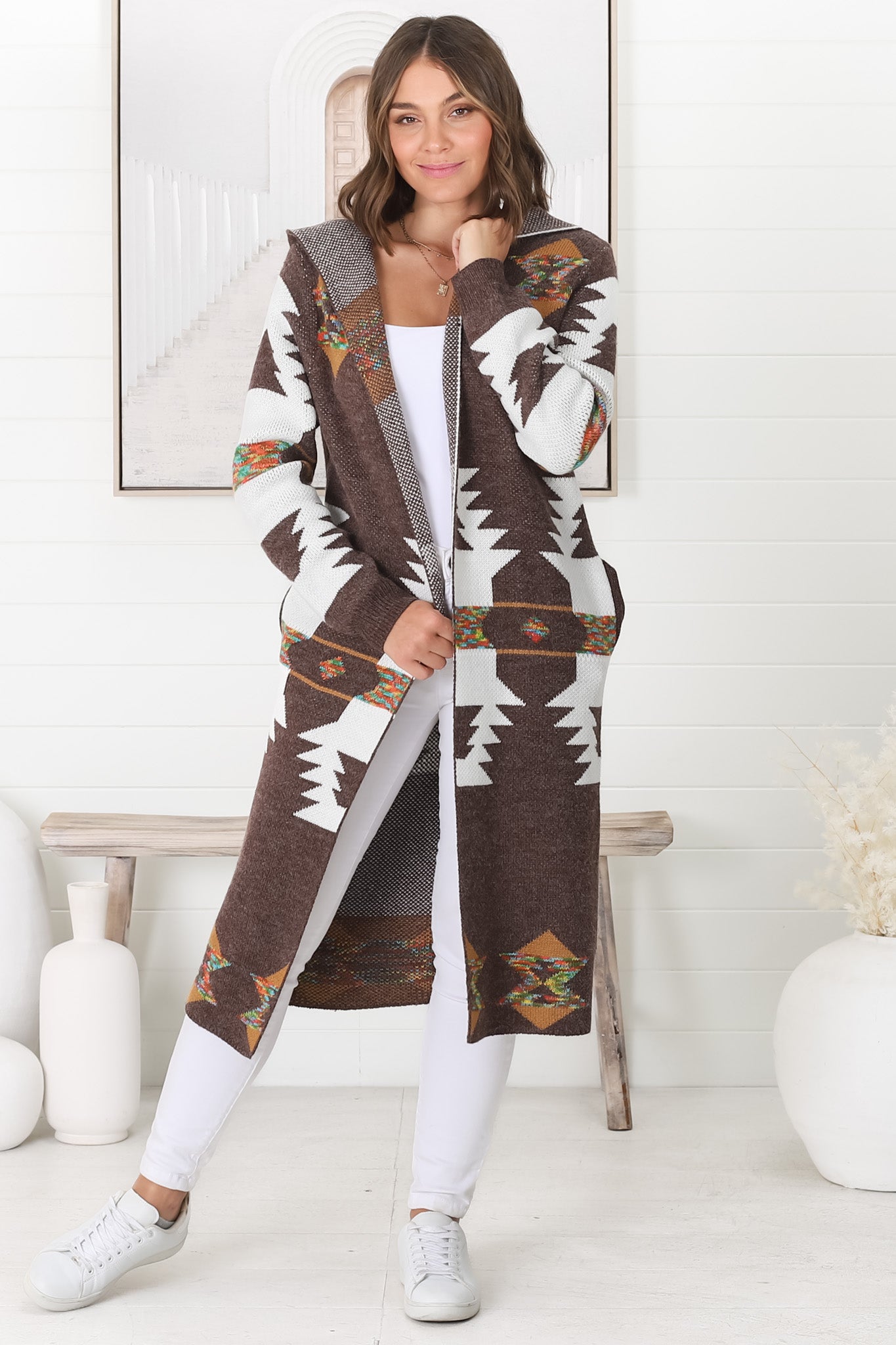 Quest Cardigan - Hooded Long Line Graphic Cardigan in Brown