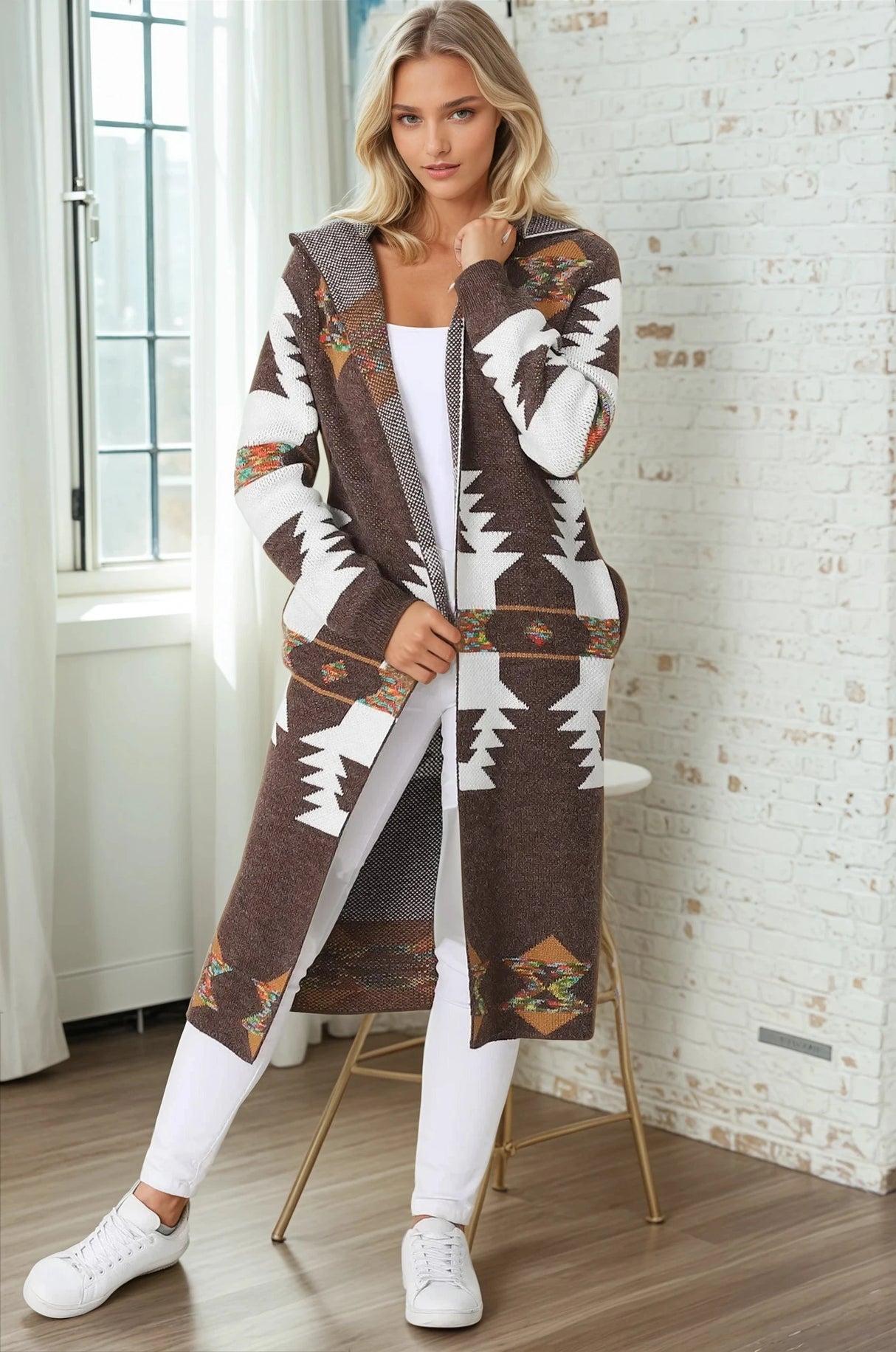 Quest Cardigan - Hooded Long Line Graphic Cardigan in Brown