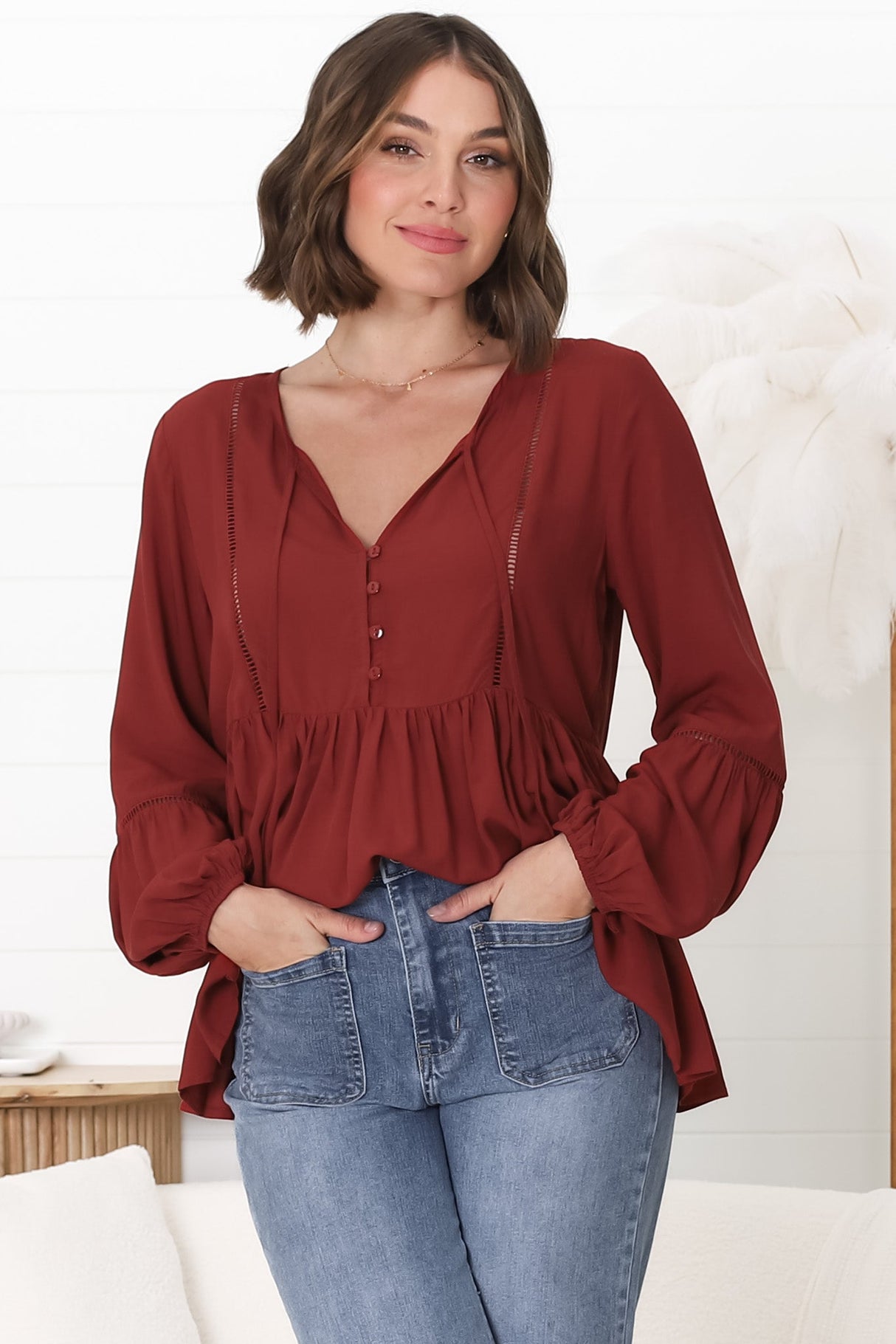 Alexia Top -  V Neck Smock Top with Crochet Insert Details in Rust