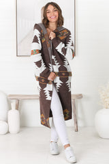 Quest Cardigan - Hooded Long Line Graphic Cardigan in Brown