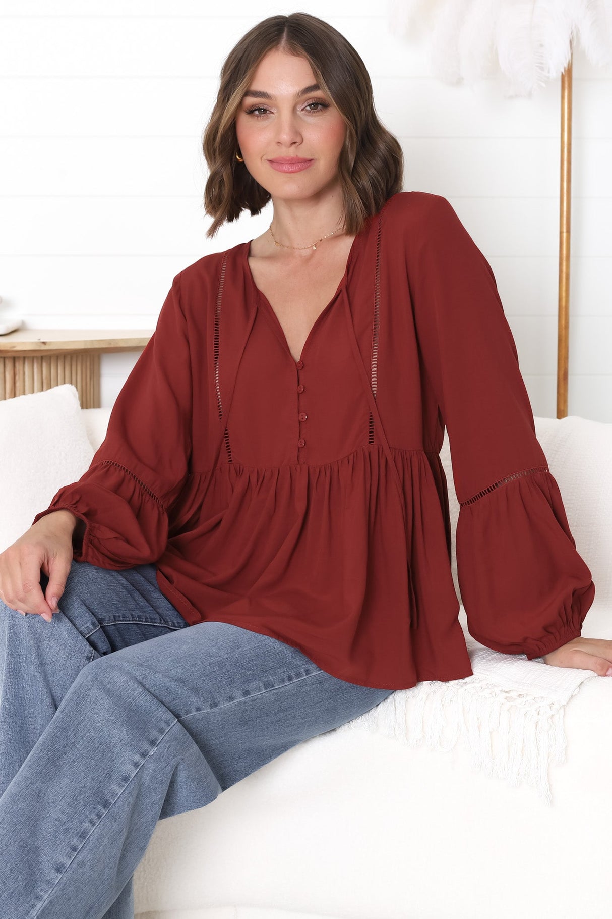 Alexia Top -  V Neck Smock Top with Crochet Insert Details in Rust