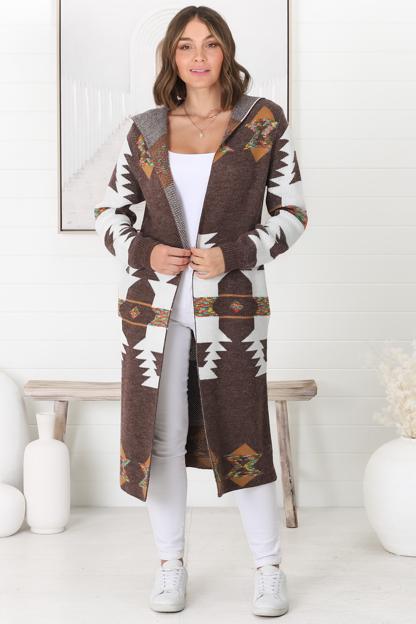 Quest Cardigan - Hooded Long Line Graphic Cardigan in Brown