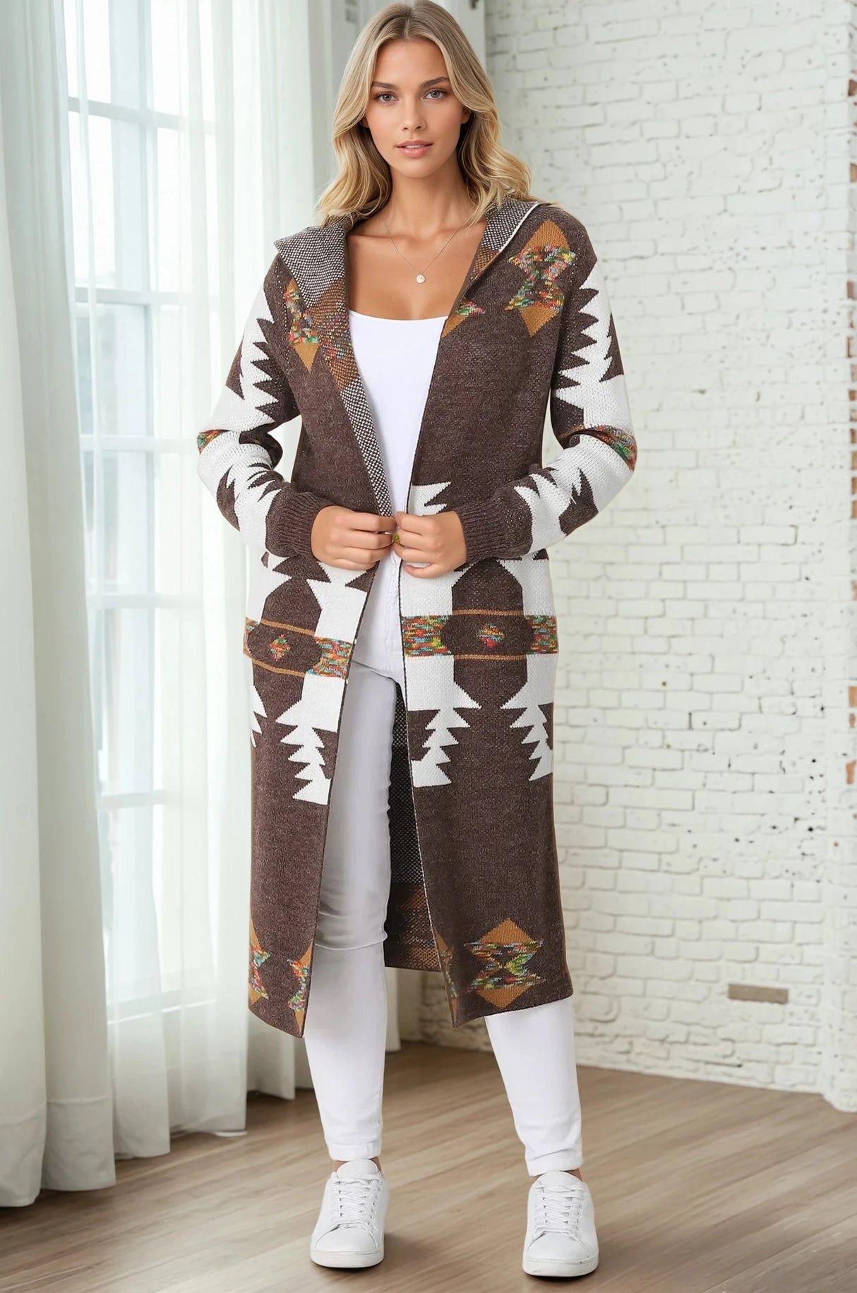 Quest Cardigan - Hooded Long Line Graphic Cardigan in Brown