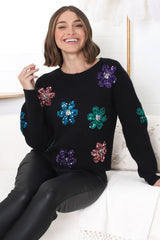 Ariana Jumper - Sequin Flower Decal Crew Neck Jumper in Black