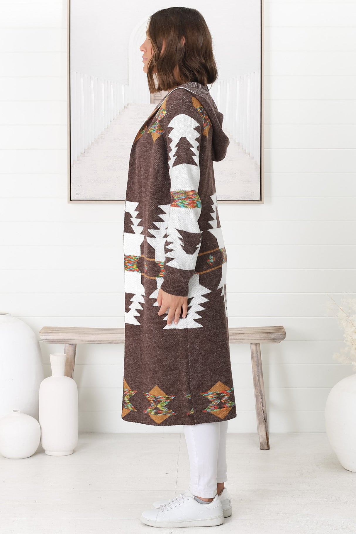 Quest Cardigan - Hooded Long Line Graphic Cardigan in Brown