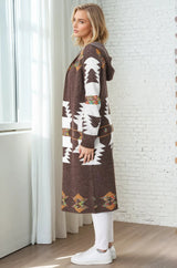 Quest Cardigan - Hooded Long Line Graphic Cardigan in Brown