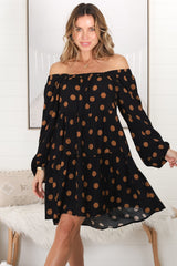 Aria Mini Dress - Milkmaid Neckline Long Sleeve Tiered Dress in Mahony Print