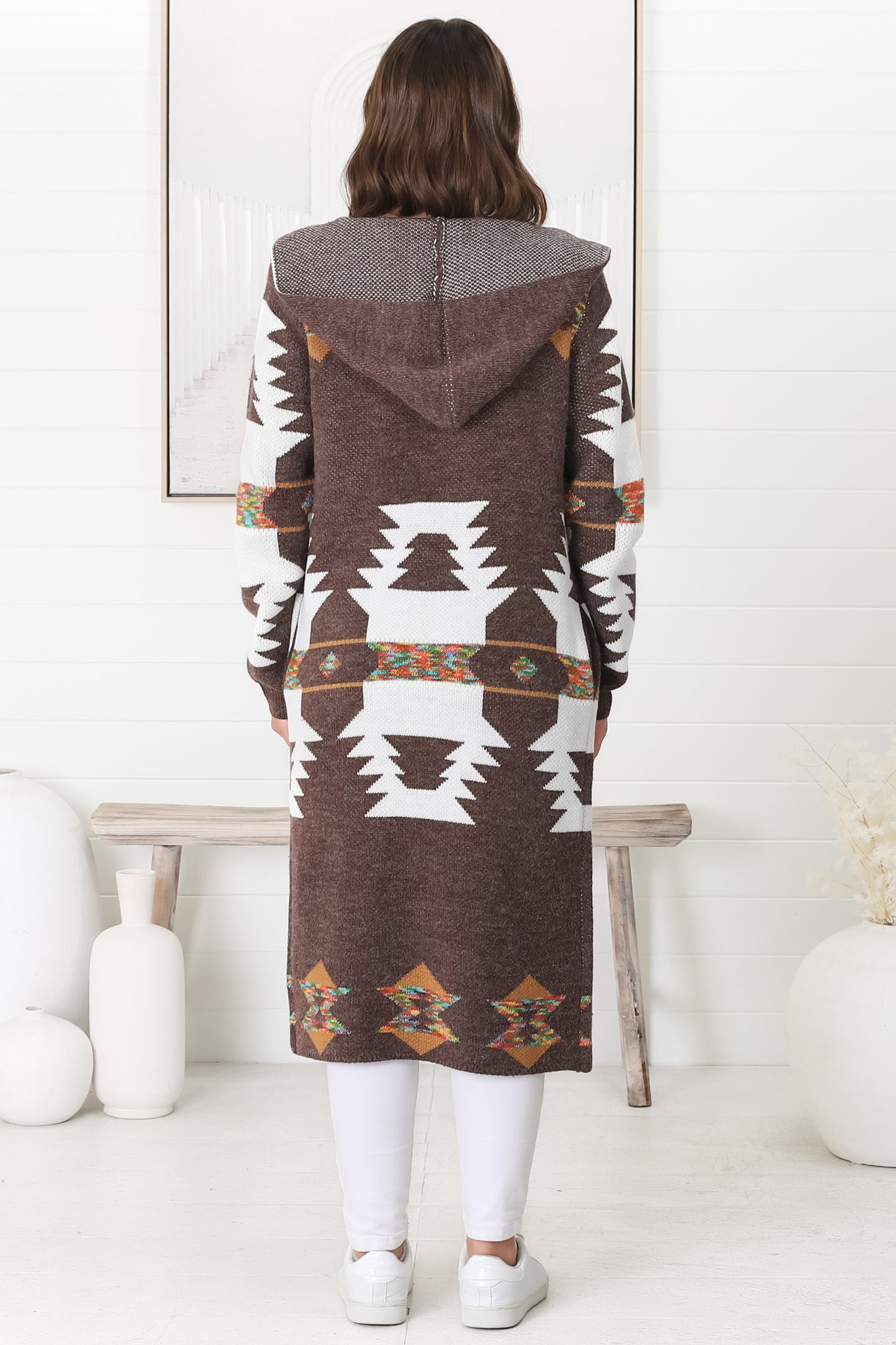 Quest Cardigan - Hooded Long Line Graphic Cardigan in Brown