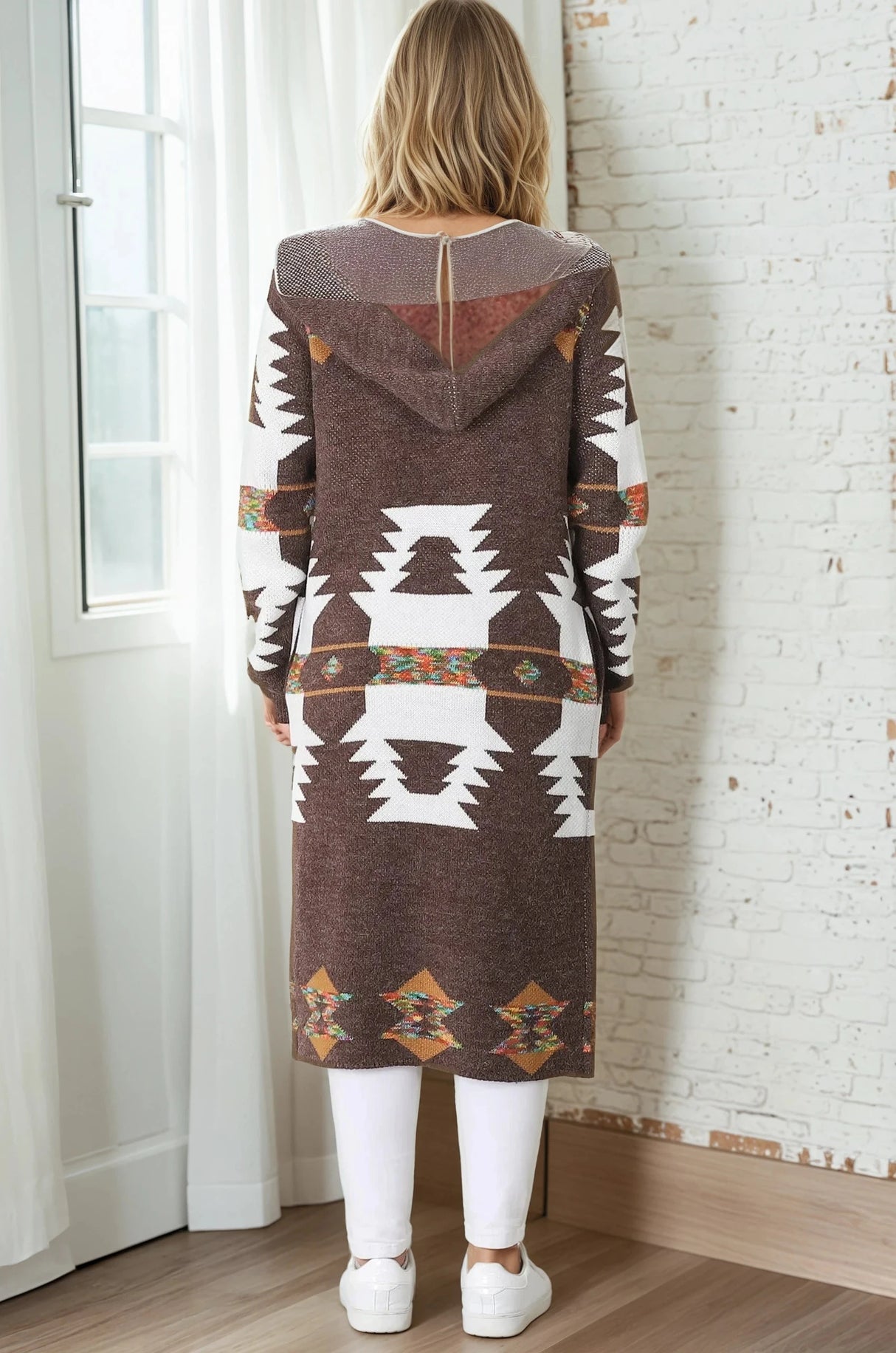 Quest Cardigan - Hooded Long Line Graphic Cardigan in Brown