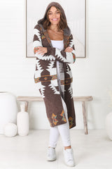 Quest Cardigan - Hooded Long Line Graphic Cardigan in Brown