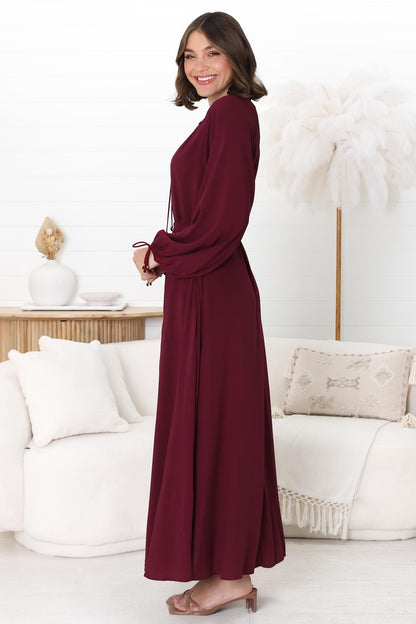 Amelie Maxi Dress - Frill Collar Button Through Dress with Waist Tie in Wine