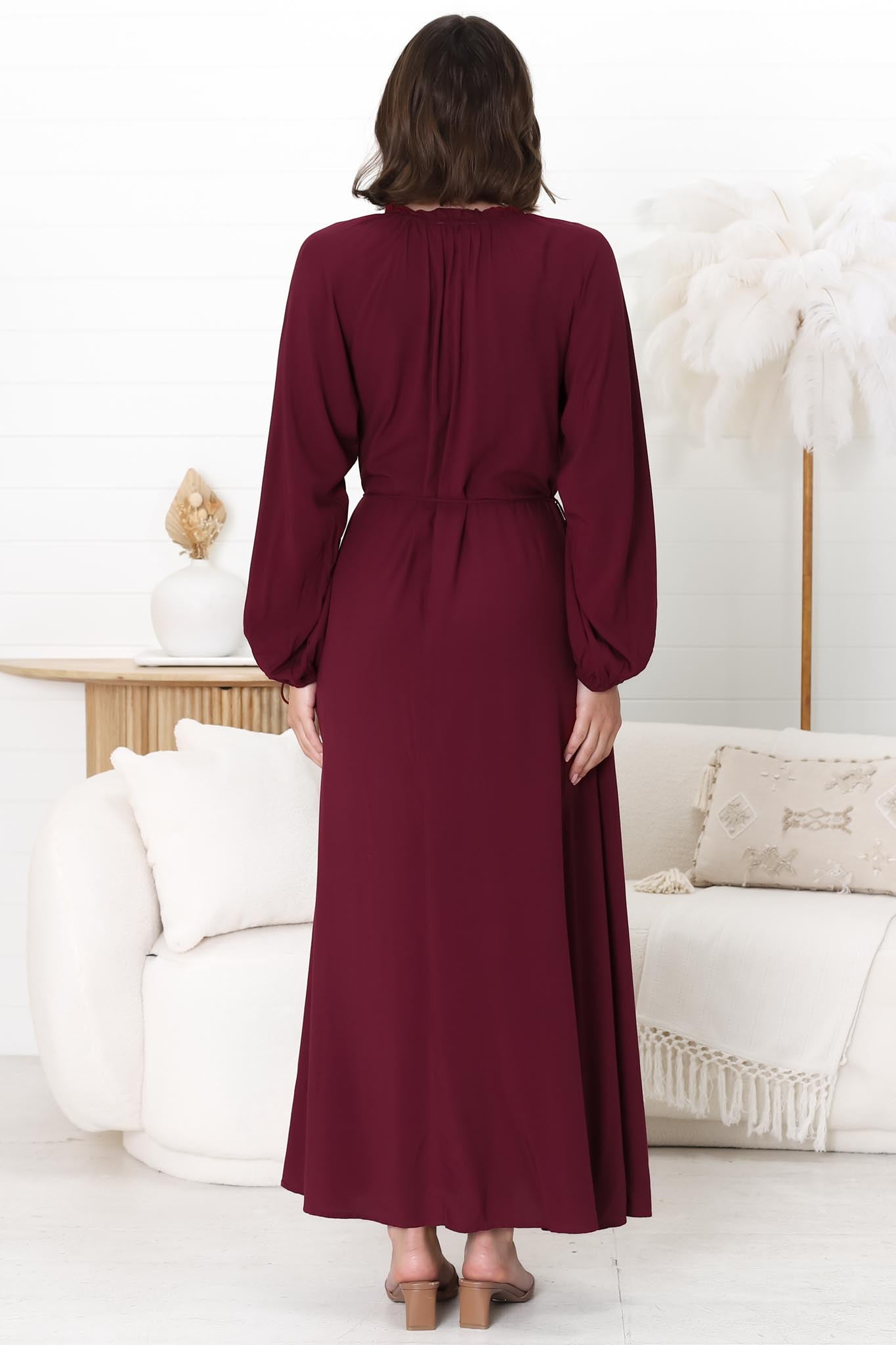 Amelie Maxi Dress - Frill Collar Button Through Dress with Waist Tie in Wine