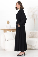 Amelie Maxi Dress - Frill Collar Button Through Dress with Waist Tie in Black