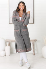 Jumilah Cardigan - Hooded Long Line Graphic Cardigan in Grey