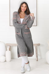 Jumilah Cardigan - Hooded Long Line Graphic Cardigan in Grey