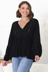 Alexia Top - V Neck Smock Top With Crochet Insert Details In Black