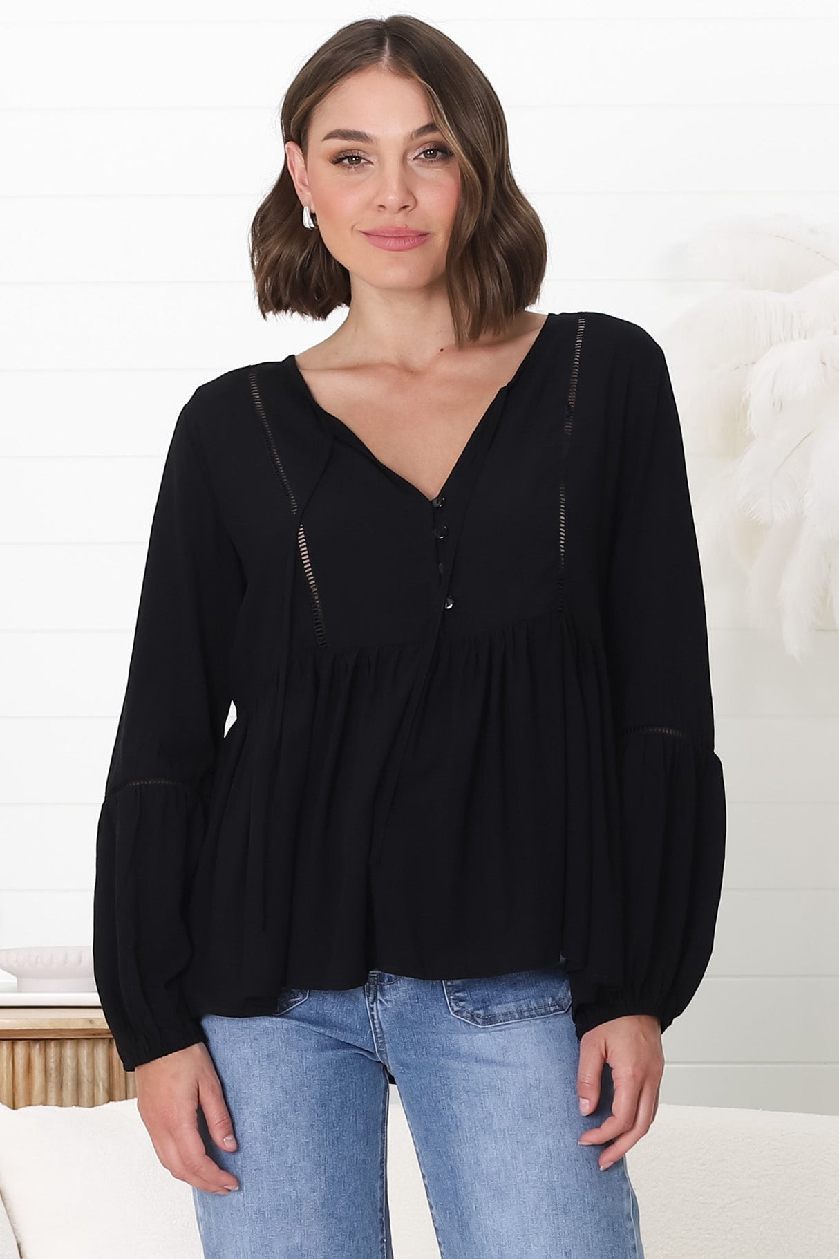 Alexia Top - V Neck Smock Top With Crochet Insert Details In Black