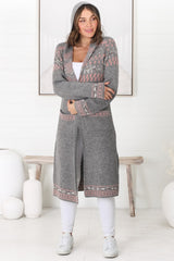 Jumilah Cardigan - Hooded Long Line Graphic Cardigan in Grey