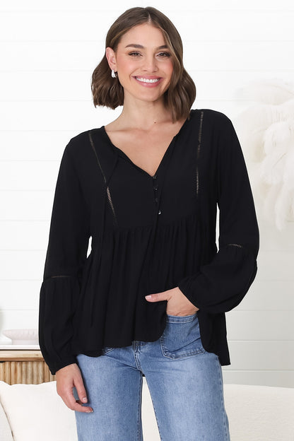 Alexia Top - V Neck Smock Top With Crochet Insert Details In Black