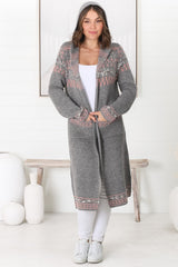 Jumilah Cardigan - Hooded Long Line Graphic Cardigan in Grey