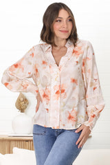 Lucy Blouse - Delicate Splicing and Trim Detailed Button Down Shirt in Helena Print Pink