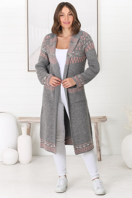 Jumilah Cardigan - Hooded Long Line Graphic Cardigan in Grey