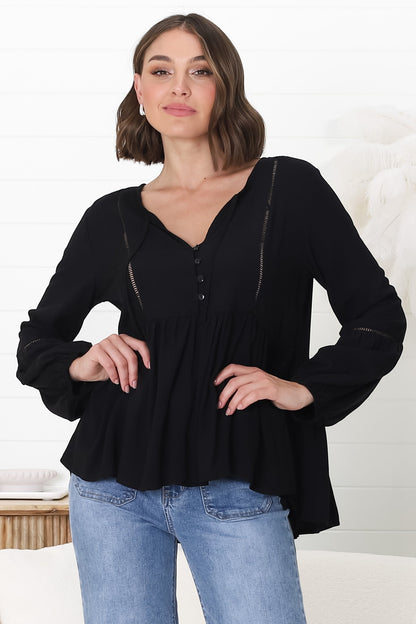 Alexia Top - V Neck Smock Top With Crochet Insert Details In Black