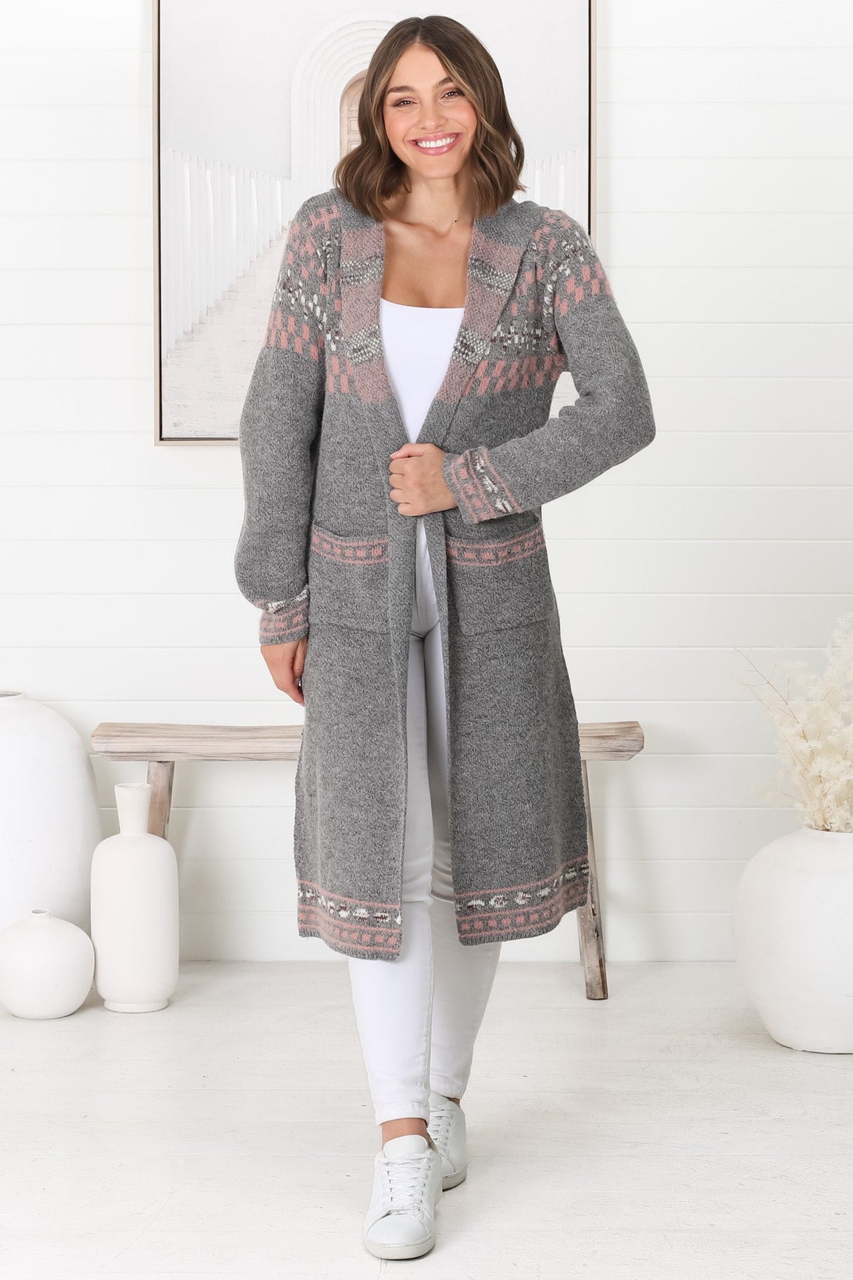 Jumilah Cardigan - Hooded Long Line Graphic Cardigan in Grey