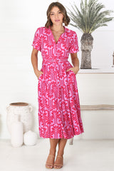 Luvira Midi Dress - Button Down Collared Dress With Statement Belt In Pink