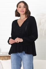 Alexia Top - V Neck Smock Top With Crochet Insert Details In Black