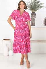 Luvira Midi Dress - Button Down Collared Dress With Statement Belt In Pink