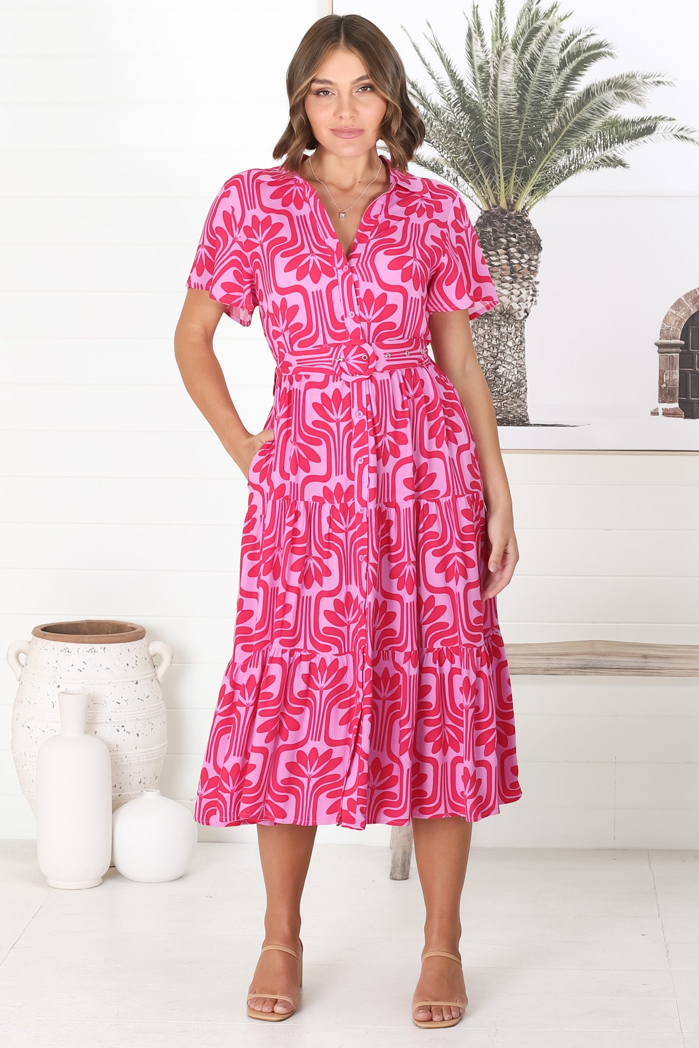 Luvira Midi Dress - Button Down Collared Dress With Statement Belt In Pink