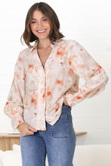 Lucy Blouse - Delicate Splicing and Trim Detailed Button Down Shirt in Helena Print Pink