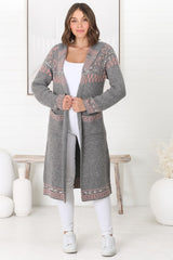 Jumilah Cardigan - Hooded Long Line Graphic Cardigan in Grey