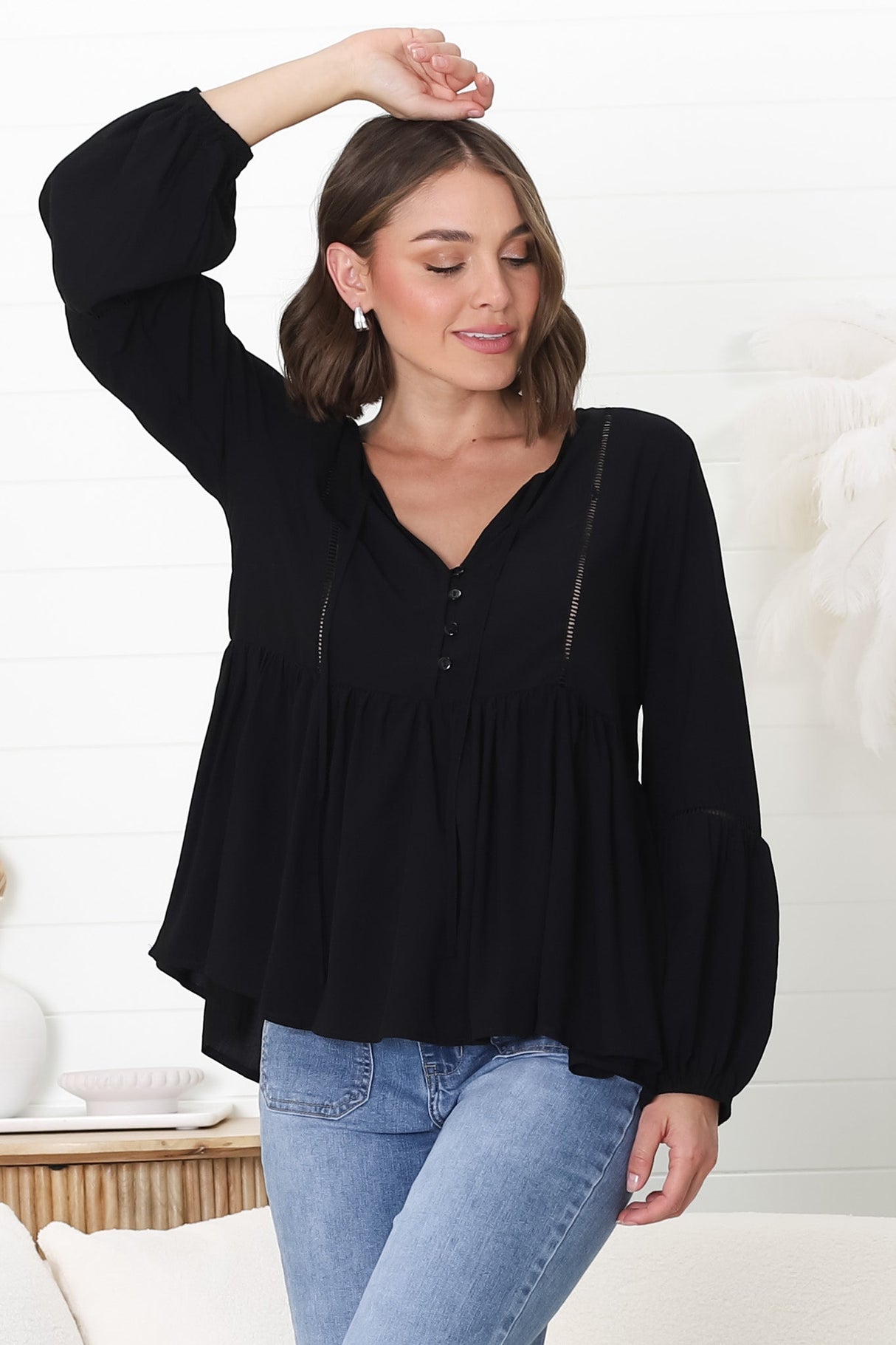 Alexia Top - V Neck Smock Top With Crochet Insert Details In Black