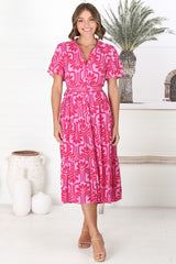 Luvira Midi Dress - Button Down Collared Dress With Statement Belt In Pink