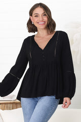 Alexia Top - V Neck Smock Top With Crochet Insert Details In Black