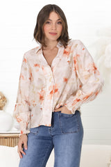 Lucy Blouse - Delicate Splicing and Trim Detailed Button Down Shirt in Helena Print Pink