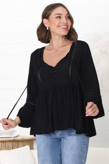 Alexia Top - V Neck Smock Top With Crochet Insert Details In Black