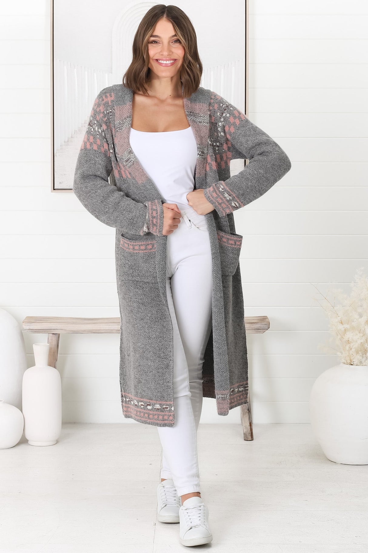 Jumilah Cardigan - Hooded Long Line Graphic Cardigan in Grey