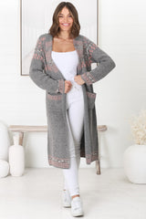 Jumilah Cardigan - Hooded Long Line Graphic Cardigan in Grey