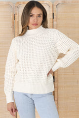 Dexter Jumper - Turtle Neck Waffle Knit Jumper in Cream