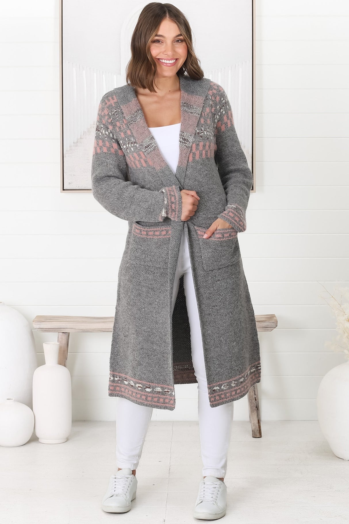 Jumilah Cardigan - Hooded Long Line Graphic Cardigan in Grey