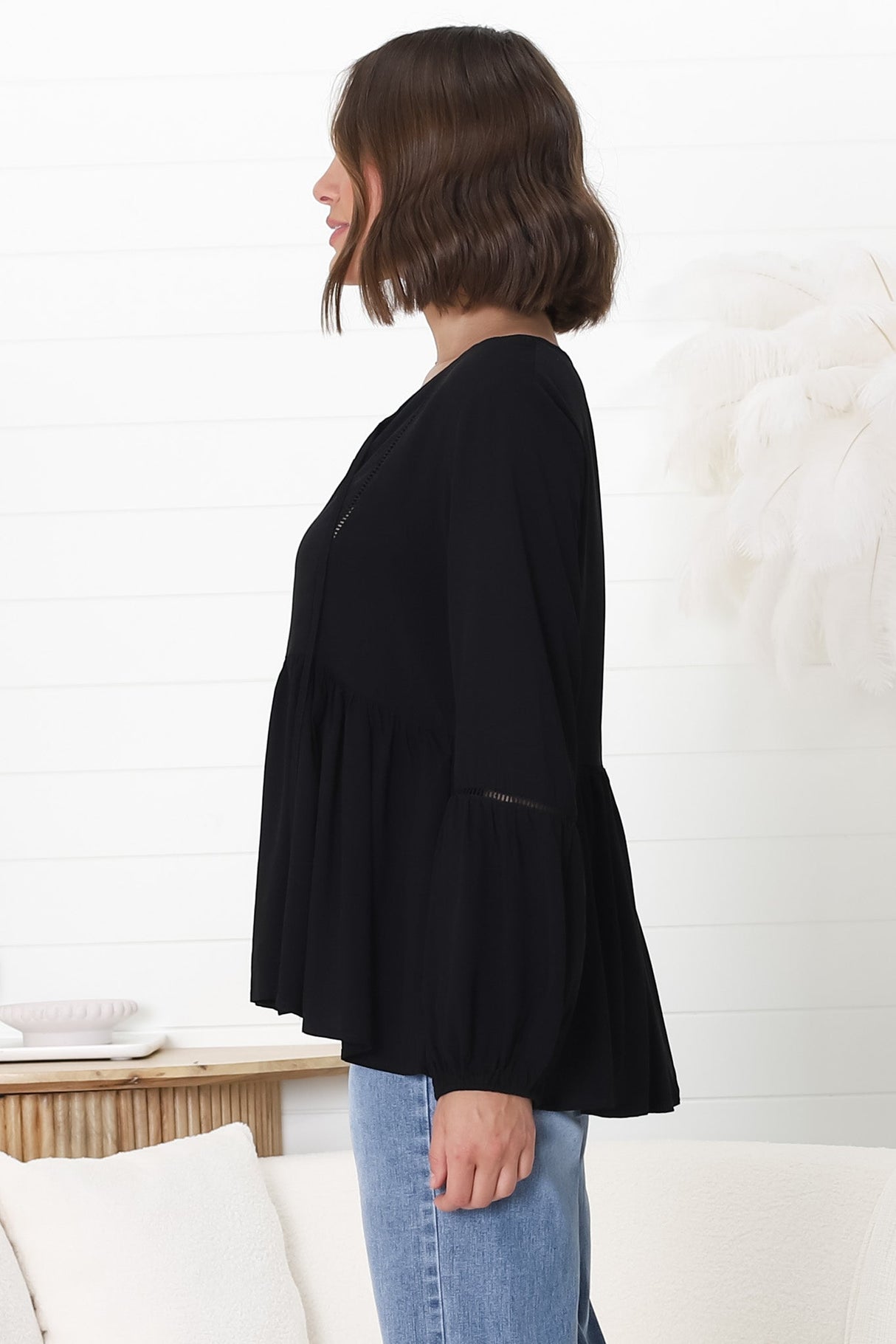 Alexia Top - V Neck Smock Top With Crochet Insert Details In Black