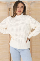 Dexter Jumper - Turtle Neck Waffle Knit Jumper in Cream