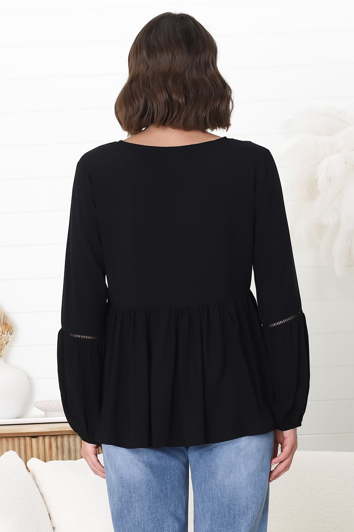 Alexia Top - V Neck Smock Top With Crochet Insert Details In Black