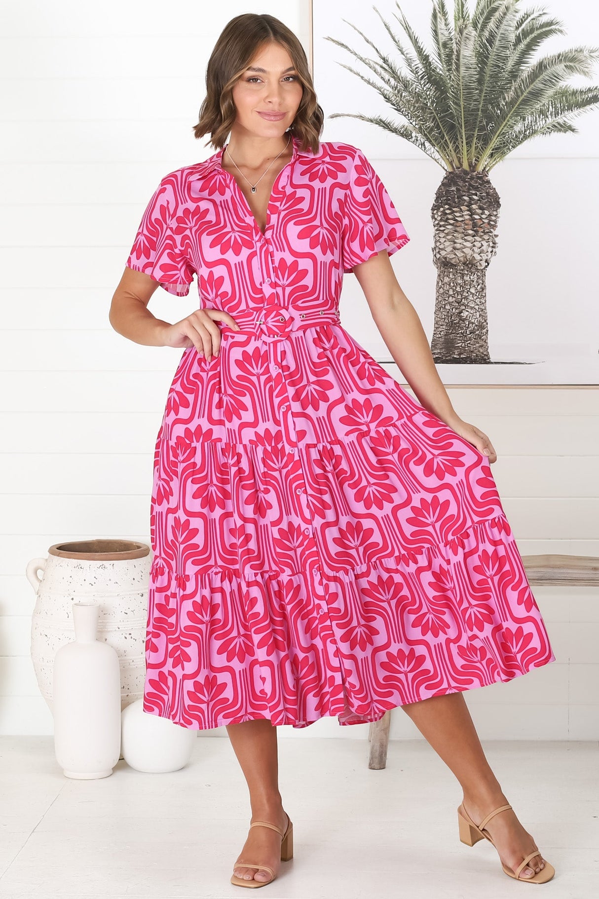 Luvira Midi Dress - Button Down Collared Dress With Statement Belt In Pink