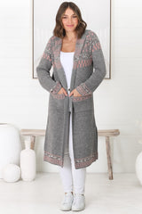 Jumilah Cardigan - Hooded Long Line Graphic Cardigan in Grey