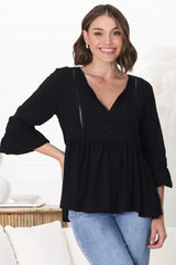 Alexia Top - V Neck Smock Top With Crochet Insert Details In Black